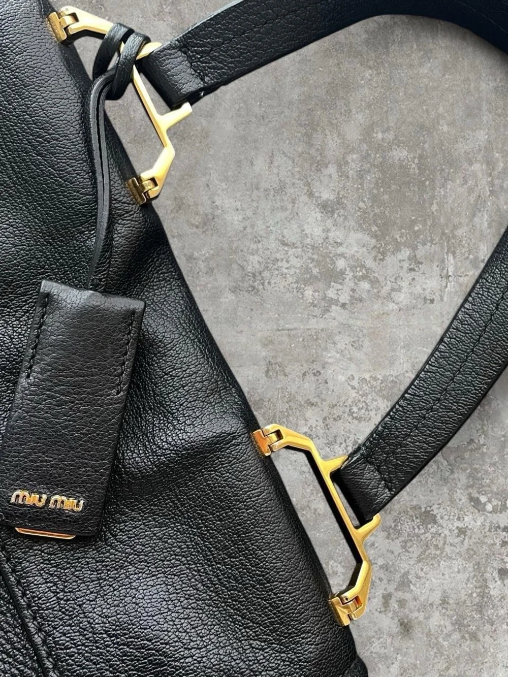 Y2K Miu Miu Black Leather Top Handle Tote with Luxury Designer Gold Accents